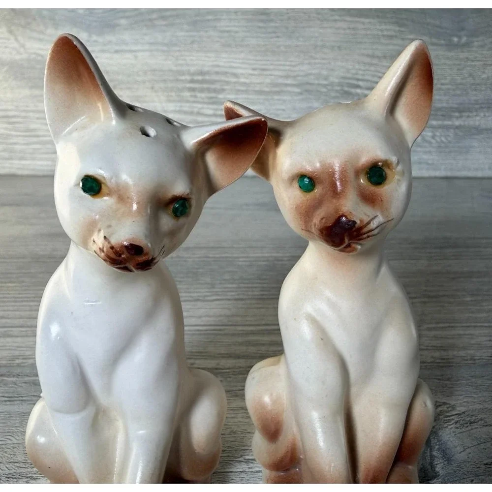 Vtg Salt & Pepper Shakers Siamese Cat Green Rhinestone Eyes W/Stoppers Japan